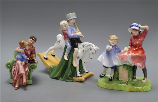 Three Royal Doulton groups, including two modelled by Adrian Hughes, Milestone, HN 3297 and Hold Tight, HN 3298 and When I Was You